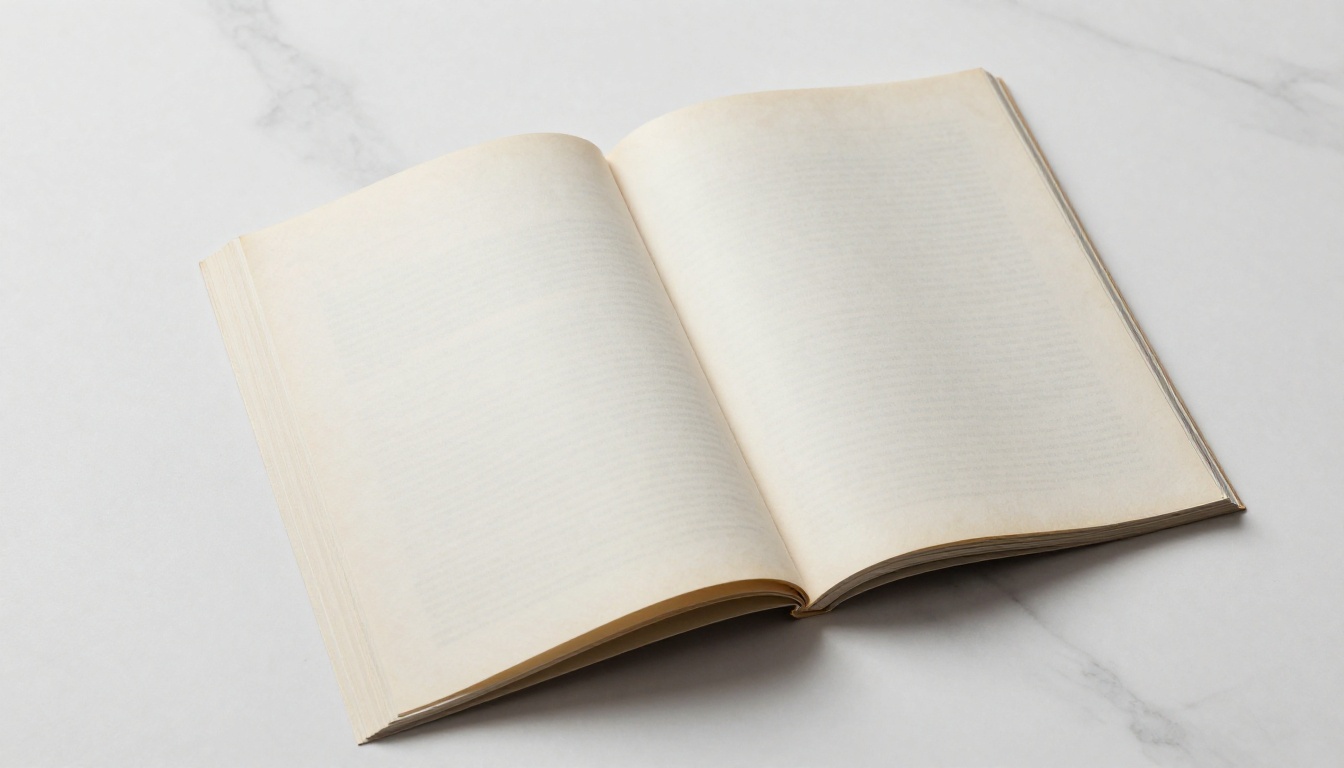 Open magazine pages fanned out on white marble surface showing natural paper-curl effect