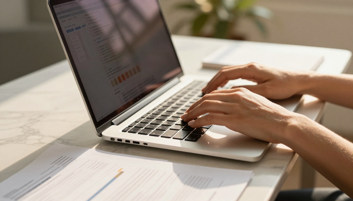 Close-up of hands working with PDF documents on a laptop at a marble desk with natural sunlight