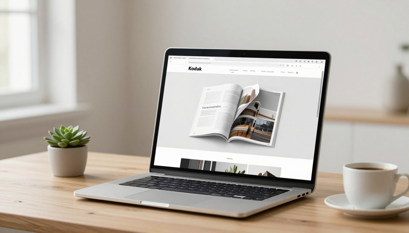 Laptop on a wooden desk displaying a digital magazine with a page flip interface in a browser