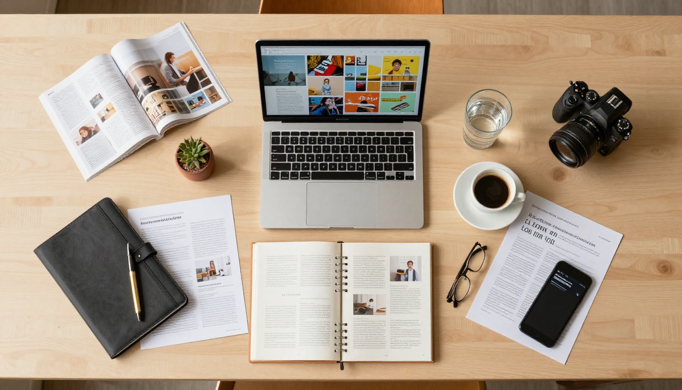 Aerial flat-lay view of a creative professional's desk with documents, laptop, notebook, and espresso cup