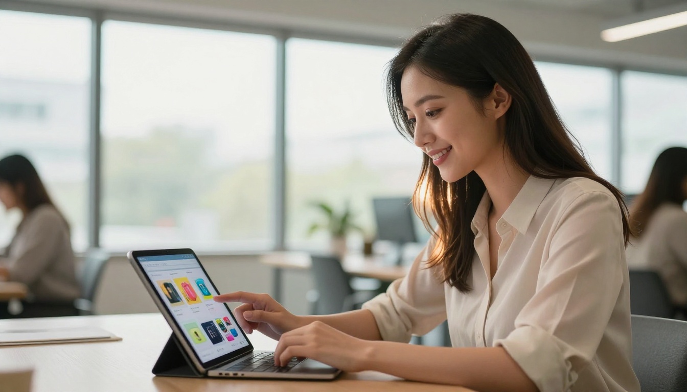 Young professional woman smiling while viewing a colorful product catalog on a tablet at a co-working space