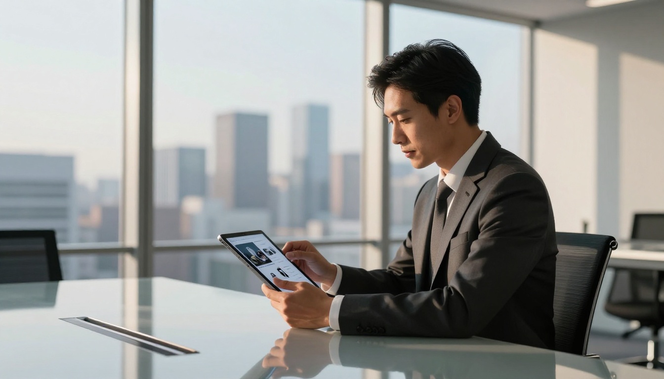 A business professional holding an iPad showing an interactive digital catalog in a modern conference room