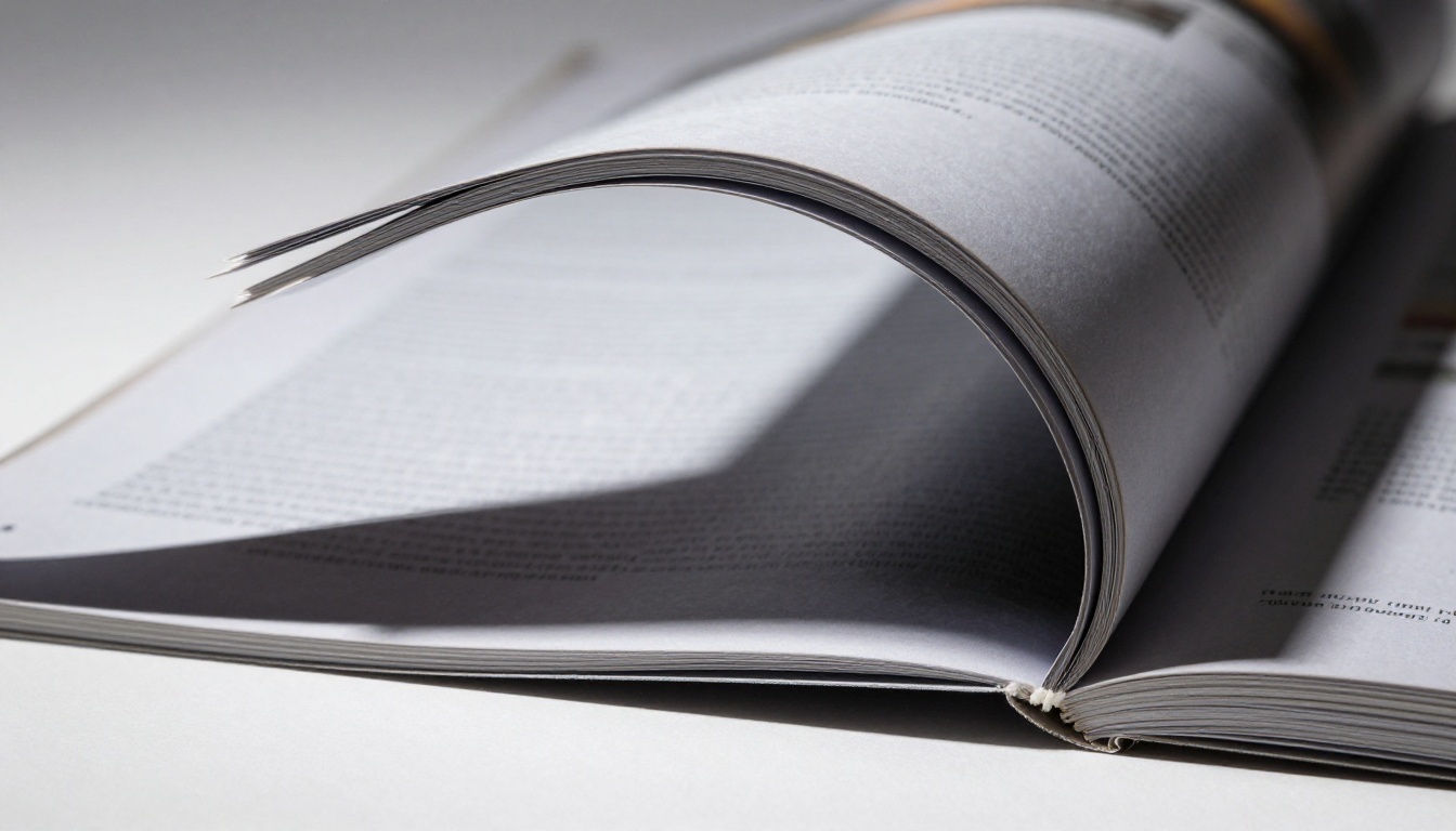 Close-up macro shot of a single magazine page mid-flip showing paper texture and arc detail