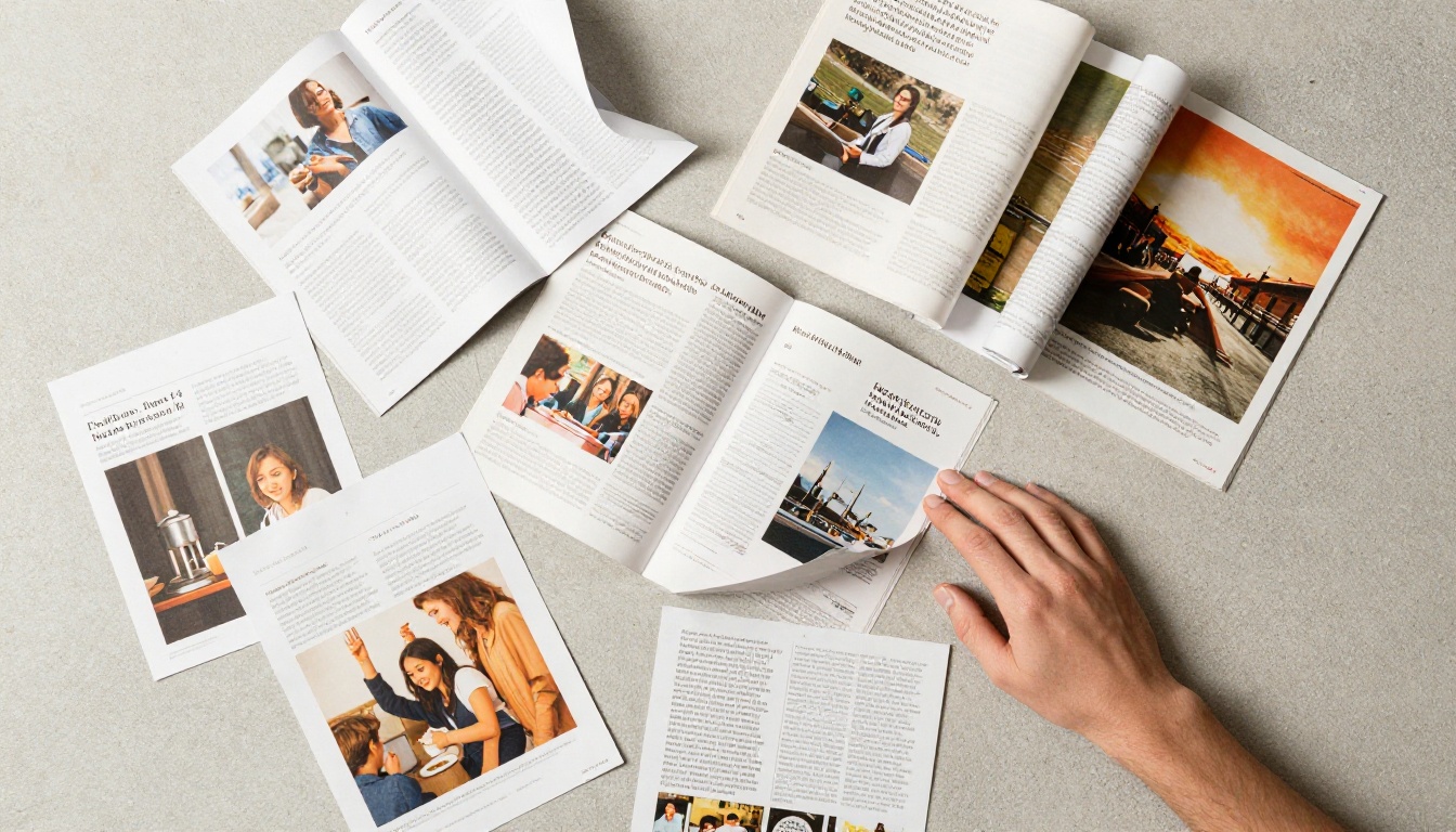 Aerial flat-lay of various brochures, catalogs and printed documents spread on a concrete surface