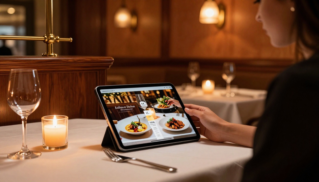 An elegantly dressed woman reviewing a digital restaurant menu on a tablet in a fine-dining setting