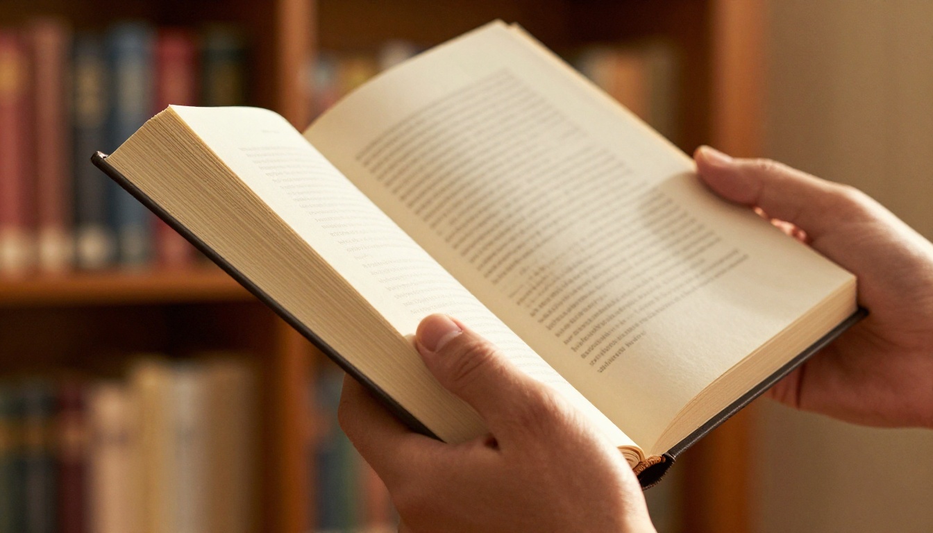 Side profile of a man's hands holding a thick book open with thumb catching a page mid-turn, library background