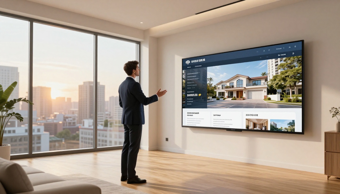 A real estate agent presenting a digital property brochure on a large monitor in a bright luxury apartment