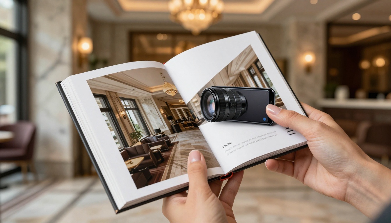 Smartphone held in woman's hands displaying a digital brochure with page flip animation, hotel lobby background