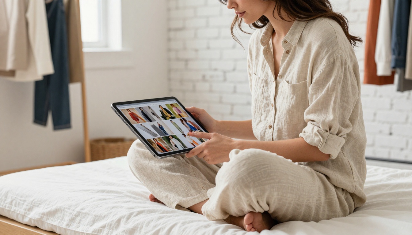 A fashion designer scrolling through a digital lookbook on an iPad in a bright airy creative studio