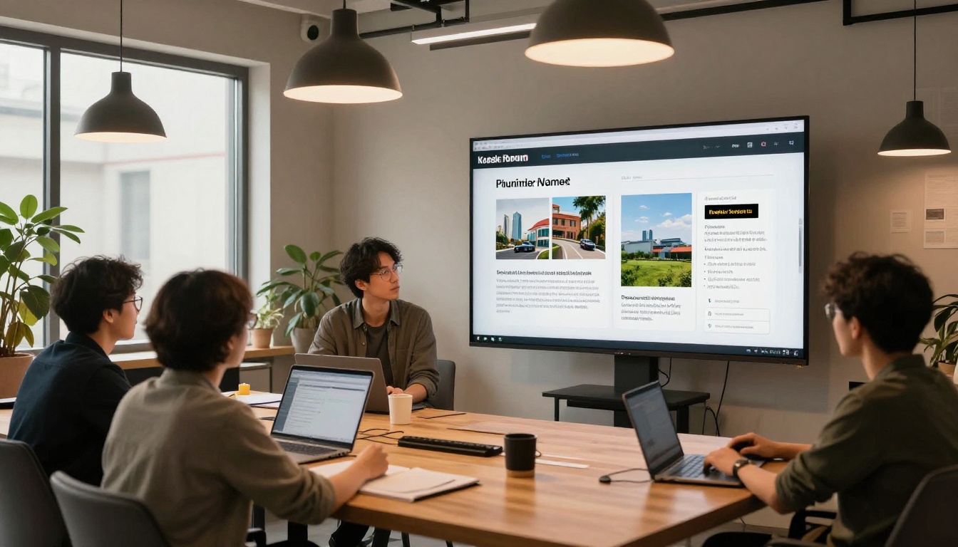 Team members gathered around a large monitor showing a digital flipbook presentation in a modern office