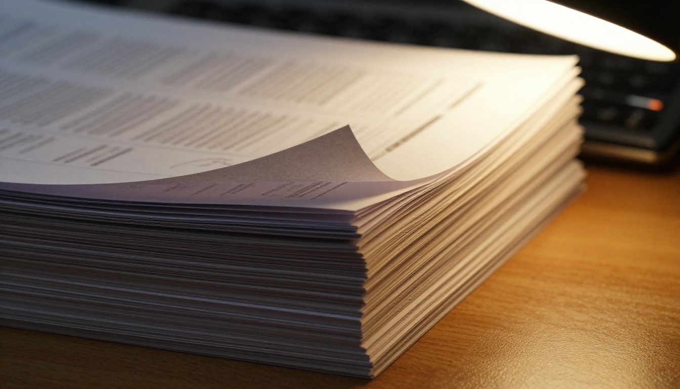 Stack of printed PDF reports and catalogs on a desk with top document corner bent upward, warm desk lamp lighting