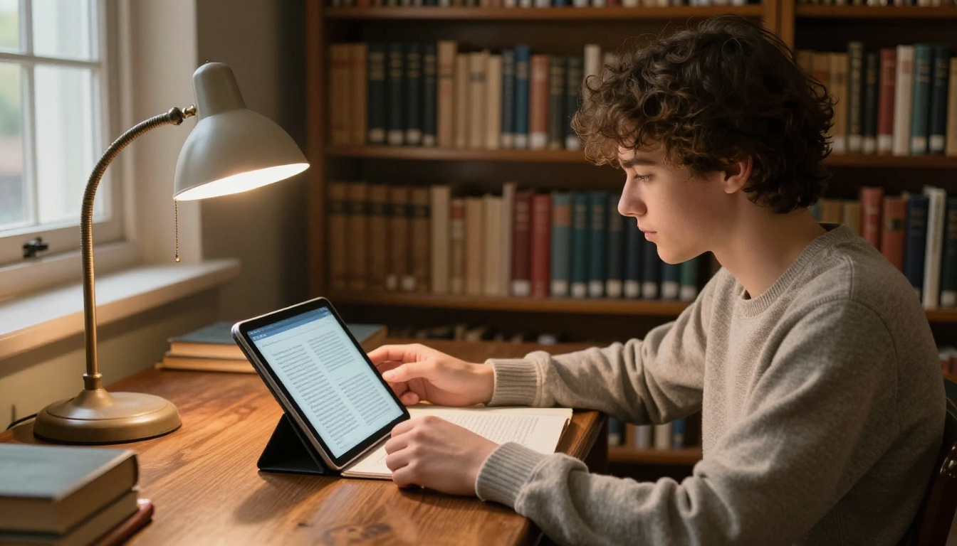 A college student reading a digital e-book on a tablet in a cozy library with warm desk lamp light