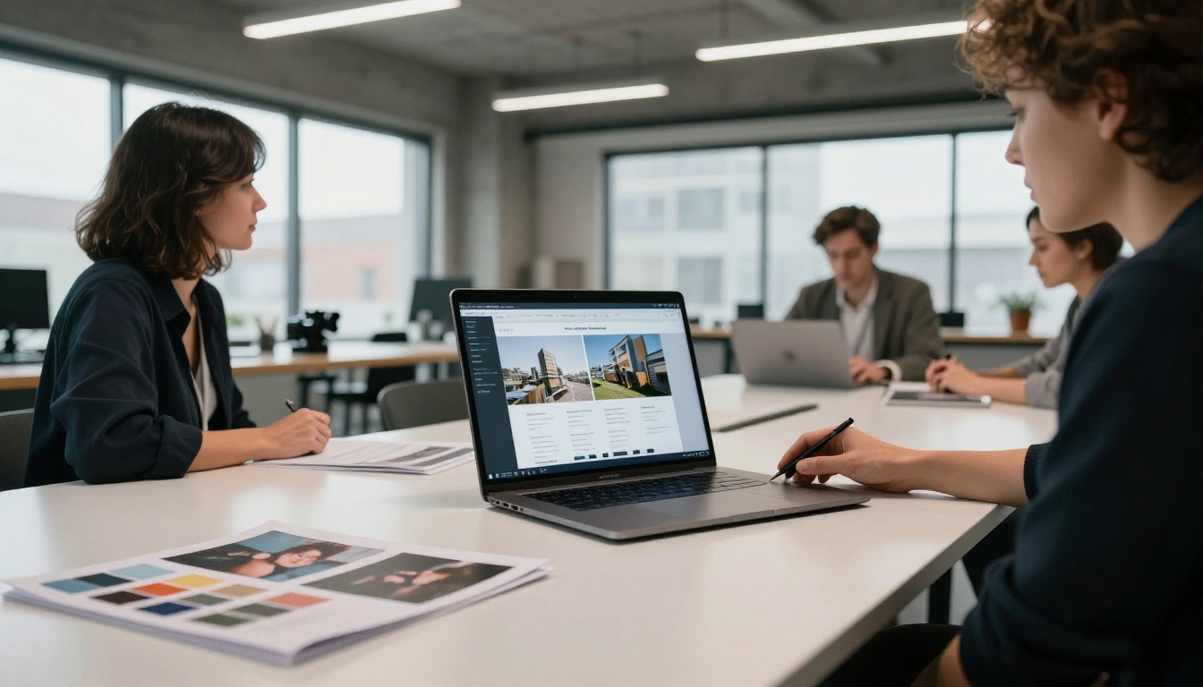 Creative professionals presenting a digital portfolio flipbook on a laptop to colleagues in a modern studio