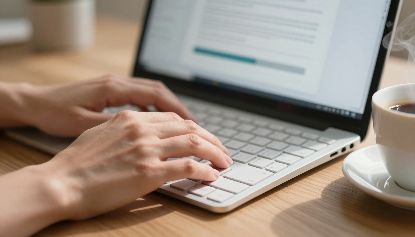 Close-up of hands uploading a PDF document on a laptop with coffee cup nearby