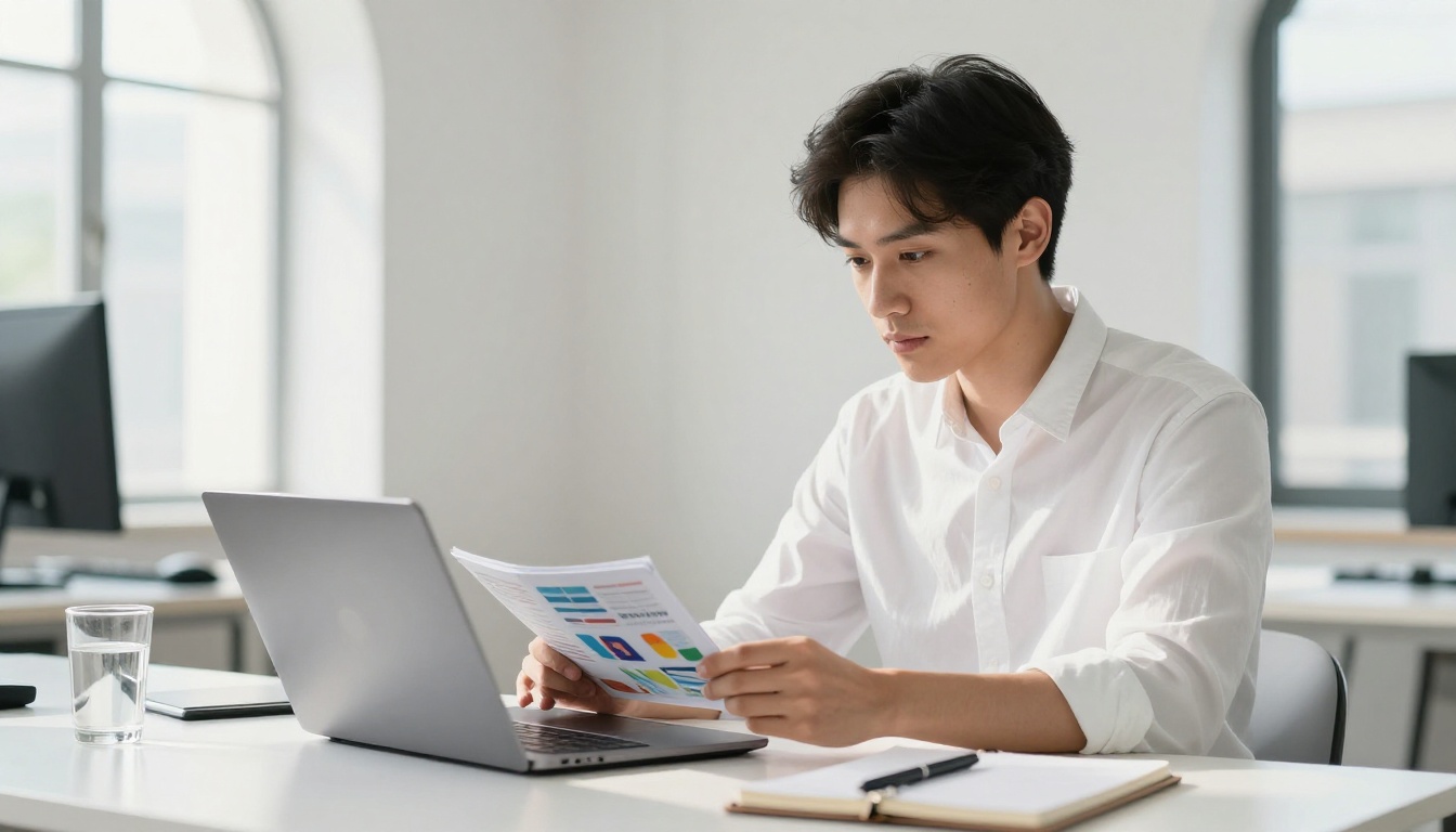 Young professional reviewing a digital flipbook on laptop in a bright office