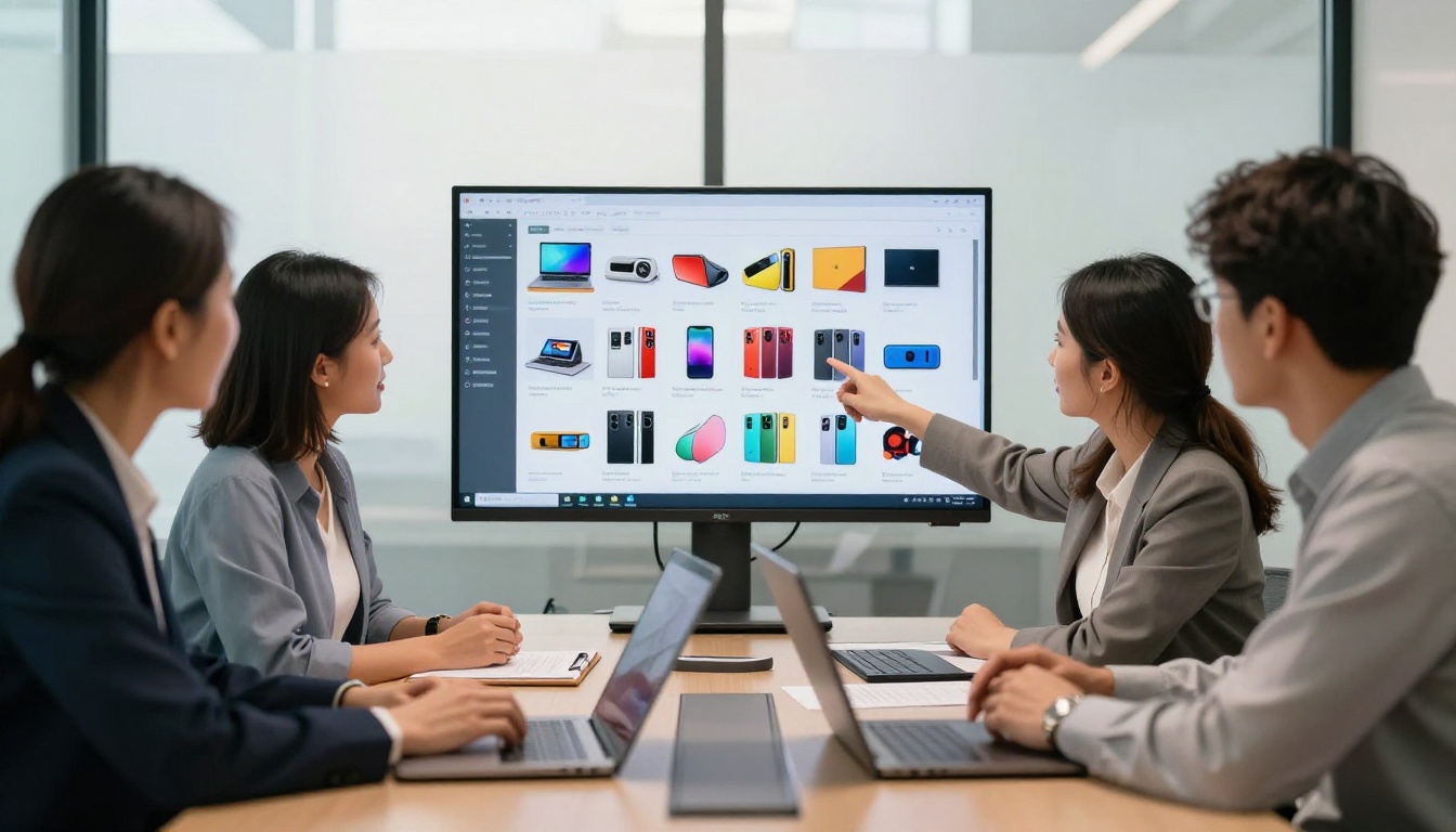 Marketing team reviewing a digital catalog on a large conference room monitor