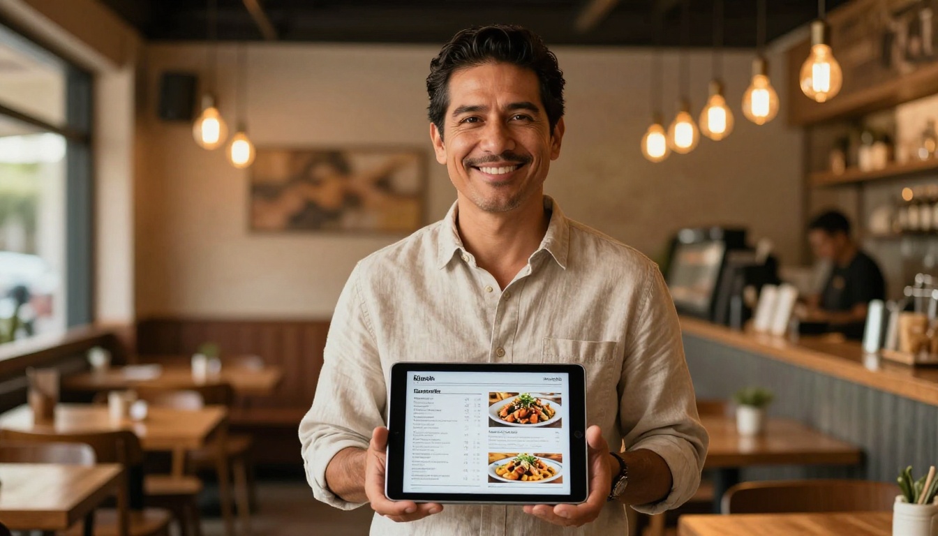 Restaurant owner browsing a beautifully designed digital menu on an iPad inside his restaurant