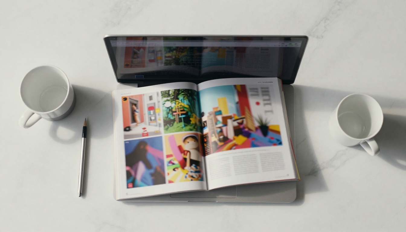 Laptop screen showing a vivid page-turning animation mid-flip on a digital publication