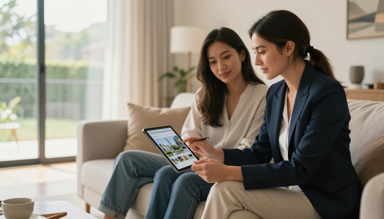 Real estate agent showing a digital property brochure on a tablet to a young couple in a modern home