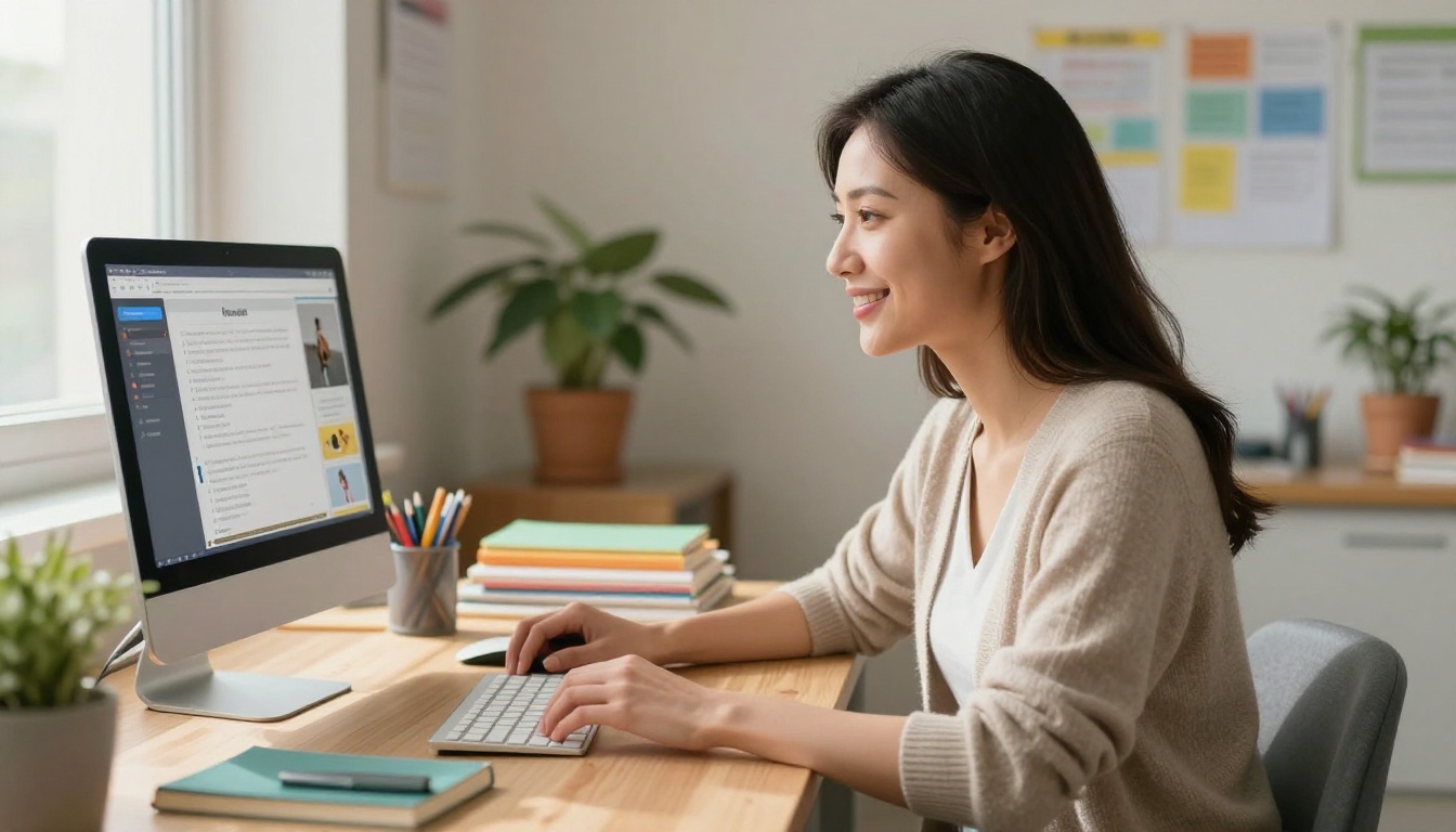 Female teacher at her classroom desk reviewing digital course material on a computer monitor