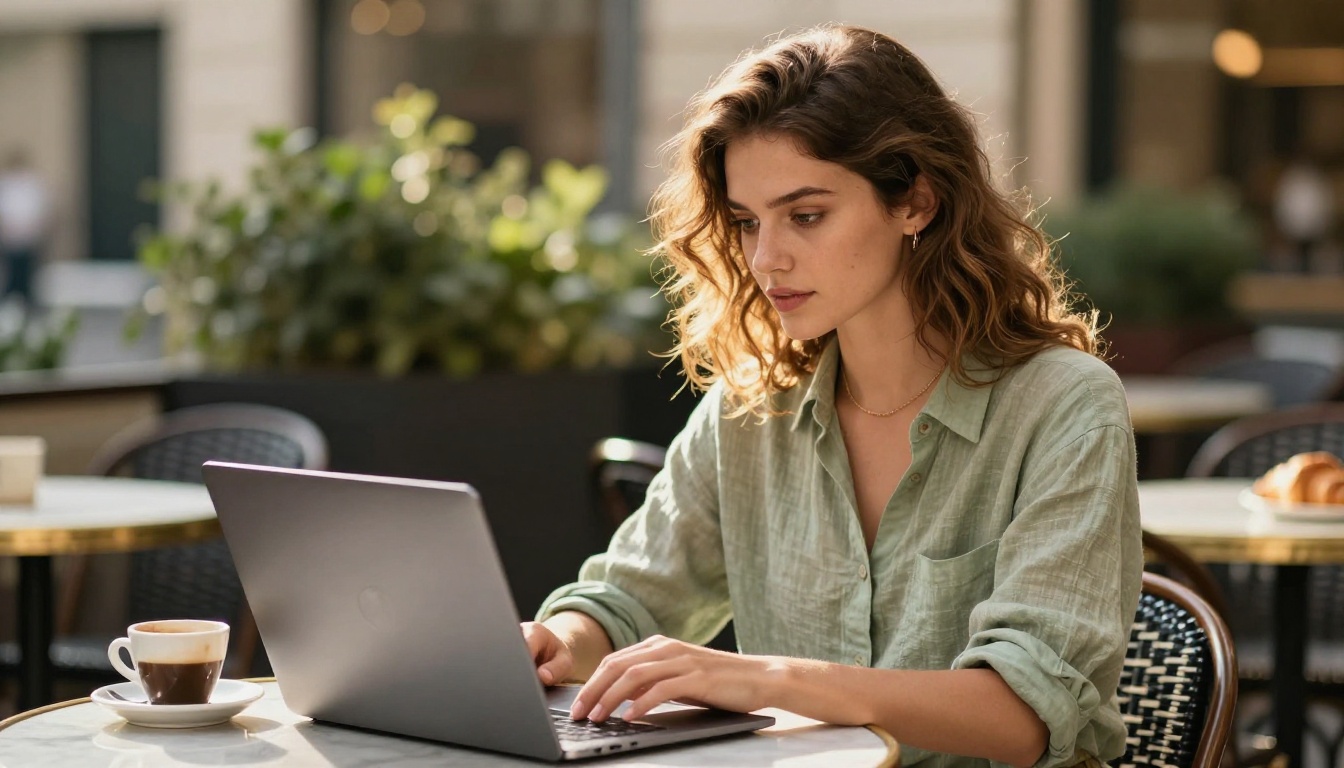 Stylish woman at a sunlit outdoor cafe table creating a digital portfolio on a laptop