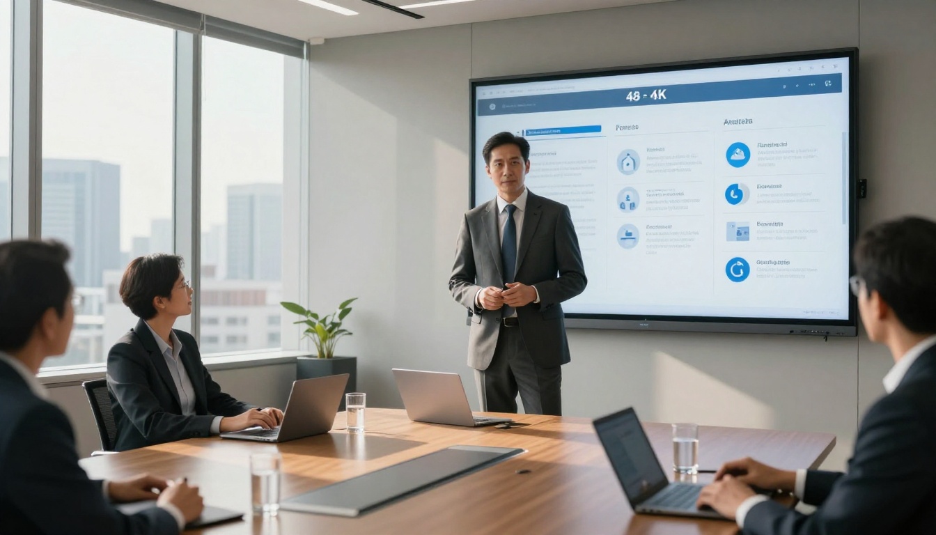 Business executive presenting a digital annual report flipbook on a large boardroom display to colleagues