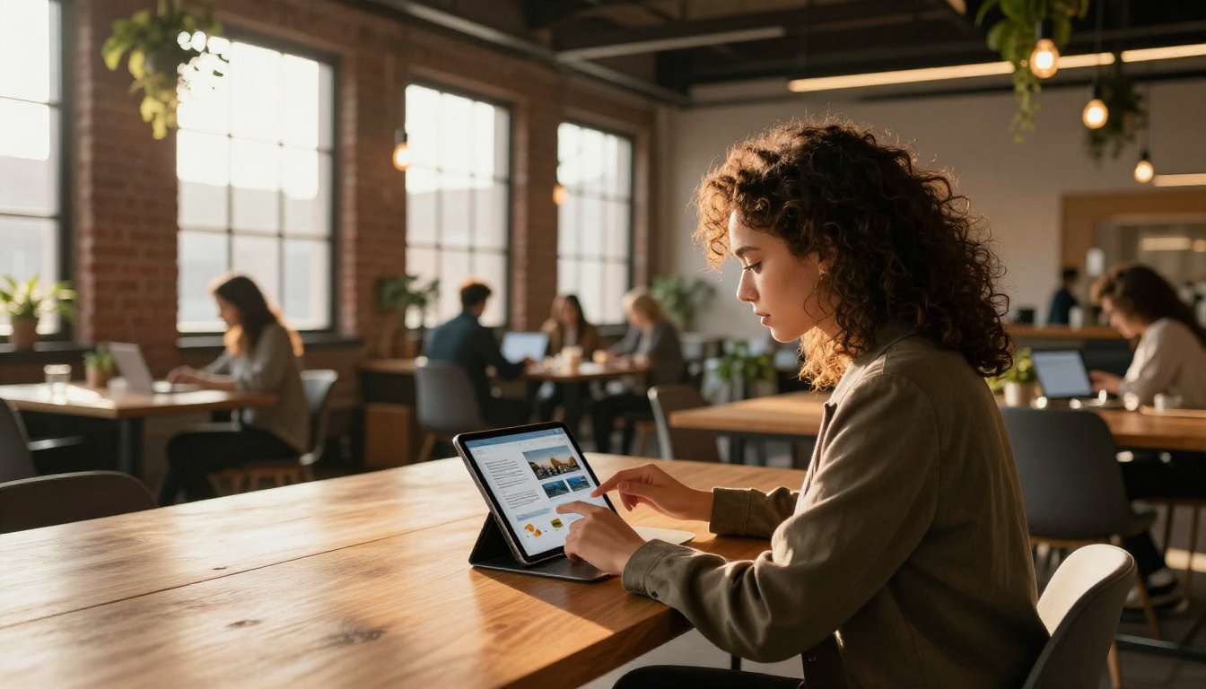 Professional woman reviewing a digital flipbook on a laptop in a bright coworking space