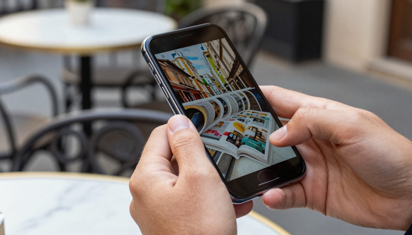 Man viewing an interactive flipbook on a smartphone in landscape orientation at an outdoor cafe