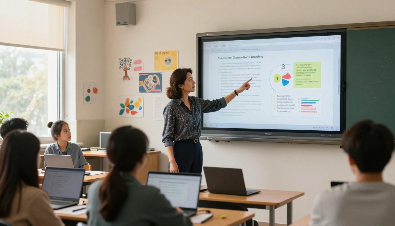 Teacher presenting a digital flipbook on a classroom display screen to students, natural daylight filling the room