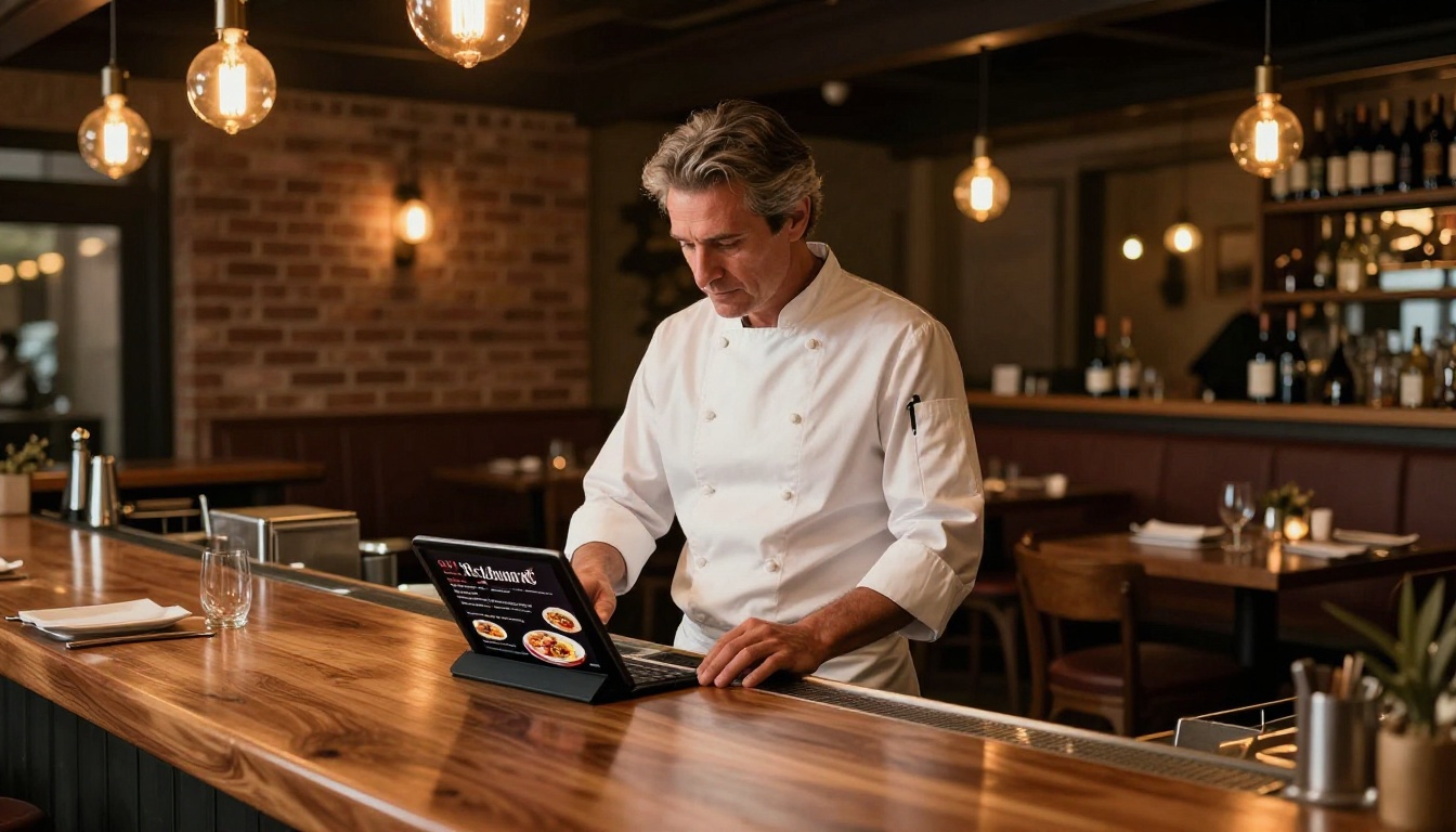Restaurant owner reviewing a digital menu flipbook on a tablet at the bar counter, warm evening light
