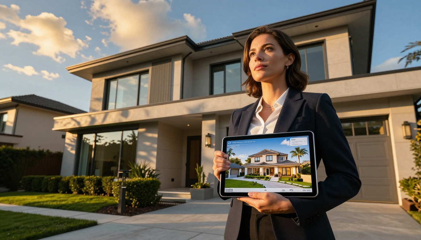 Real estate agent holding a tablet with a property brochure flipbook in front of a luxury home exterior