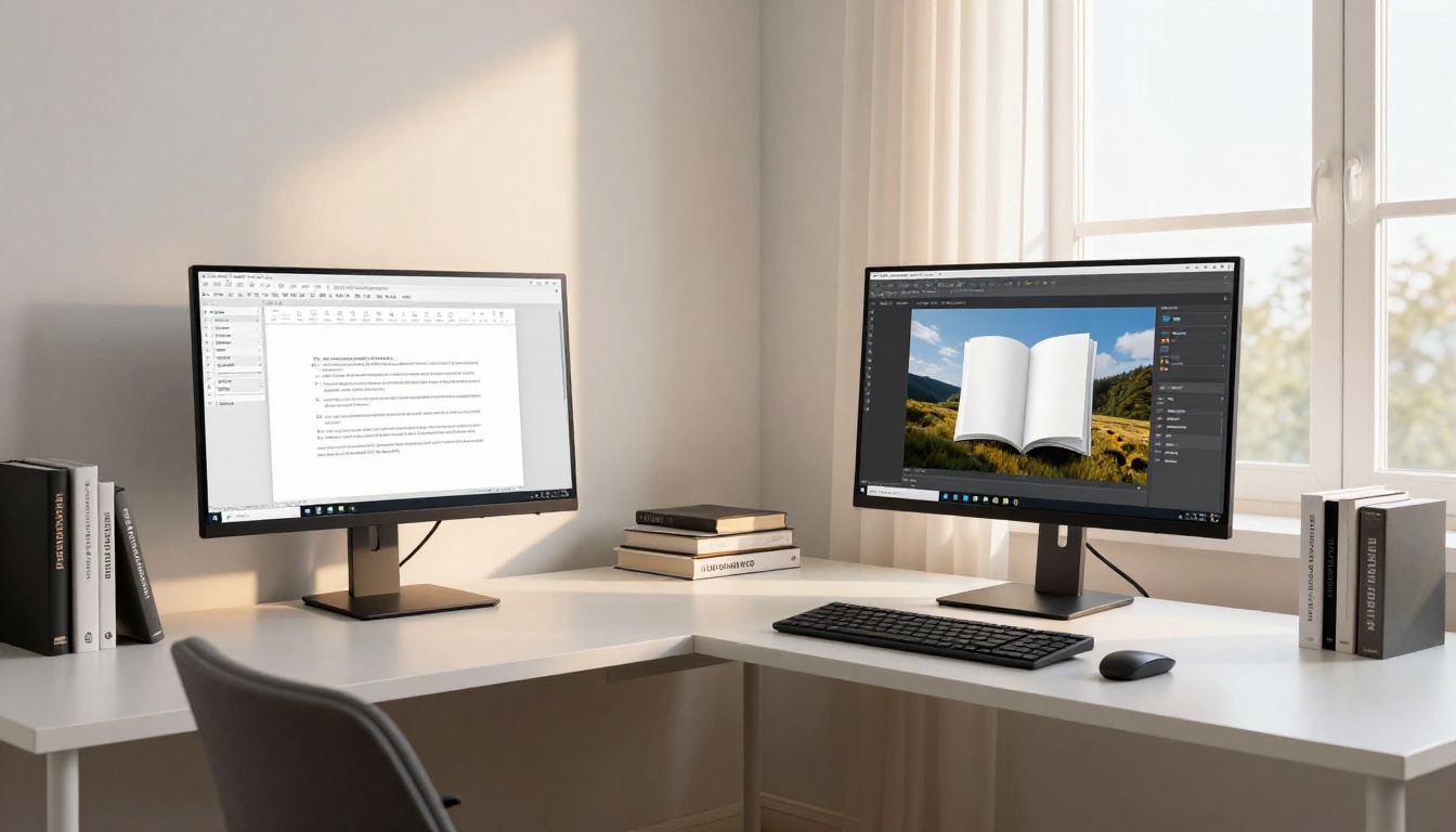 Modern home office with dual monitors showing a PDF on one screen and its converted flipbook on the other