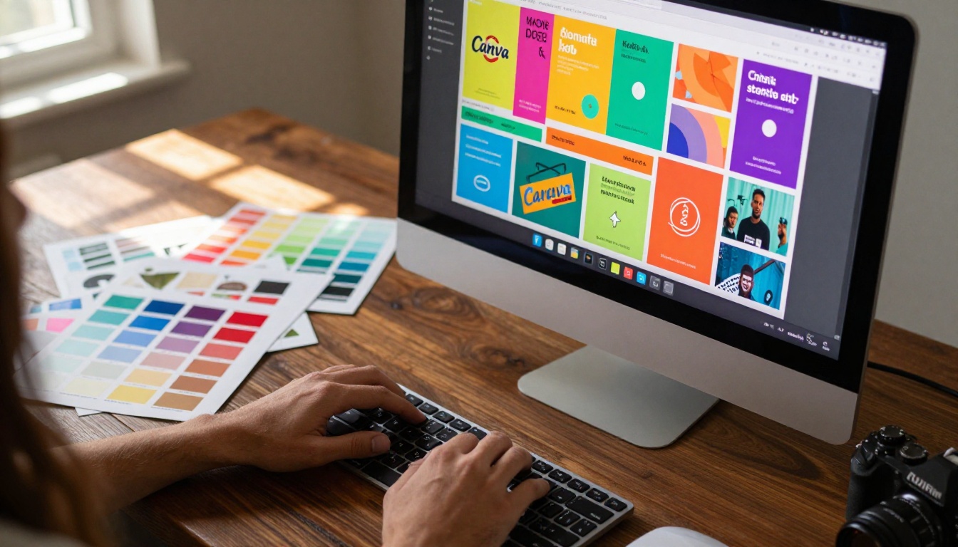 Graphic designer working on Canva design at walnut desk with color swatches