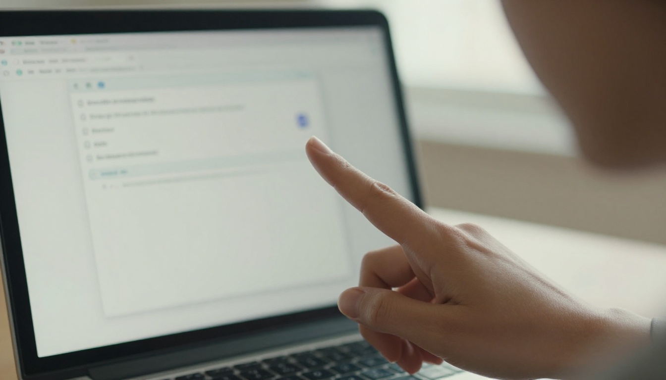 Woman's finger clicking export button on laptop with soft natural window light
