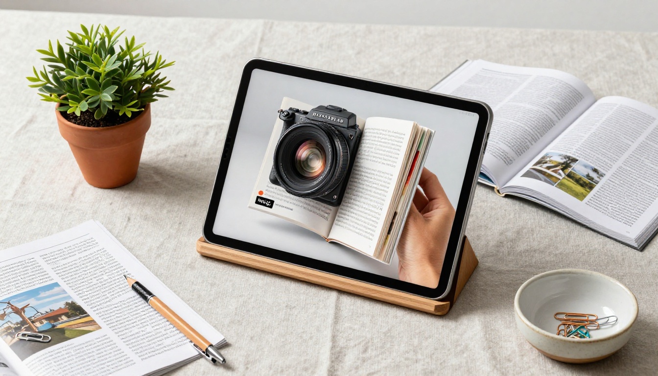 Tablet propped on wooden stand displaying page-flipping digital magazine on linen surface