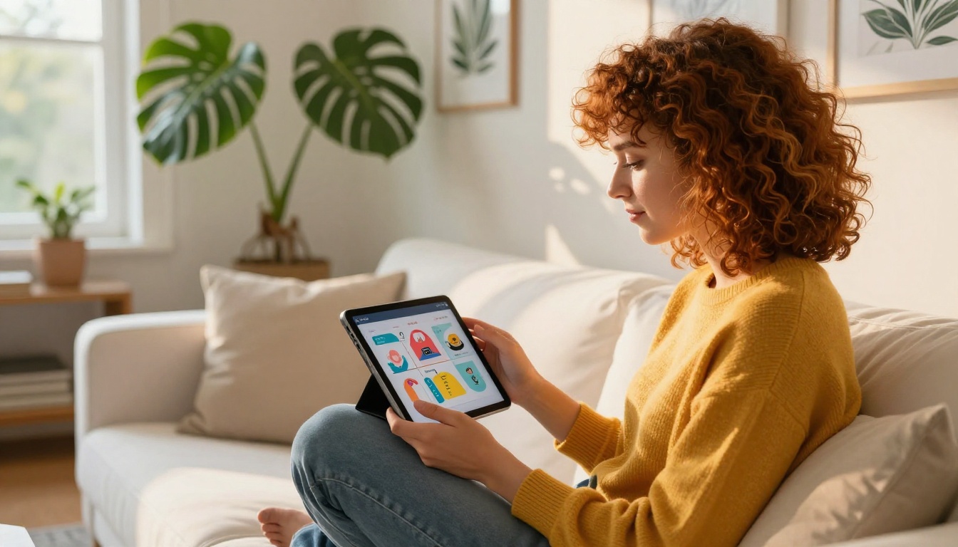 Young woman with curly hair sitting on sofa customizing flipbook on tablet in bright living room