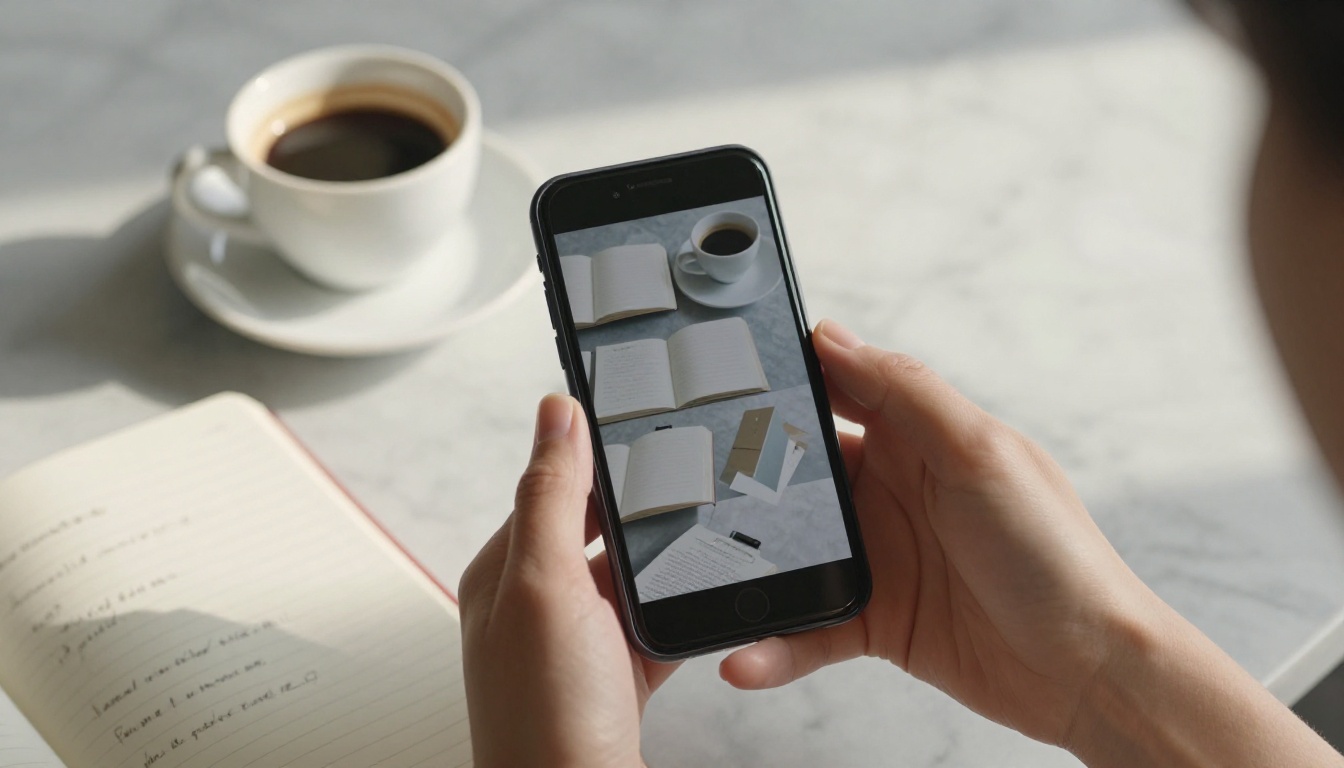 Woman's hands holding smartphone displaying interactive flipbook over marble countertop with espresso cup