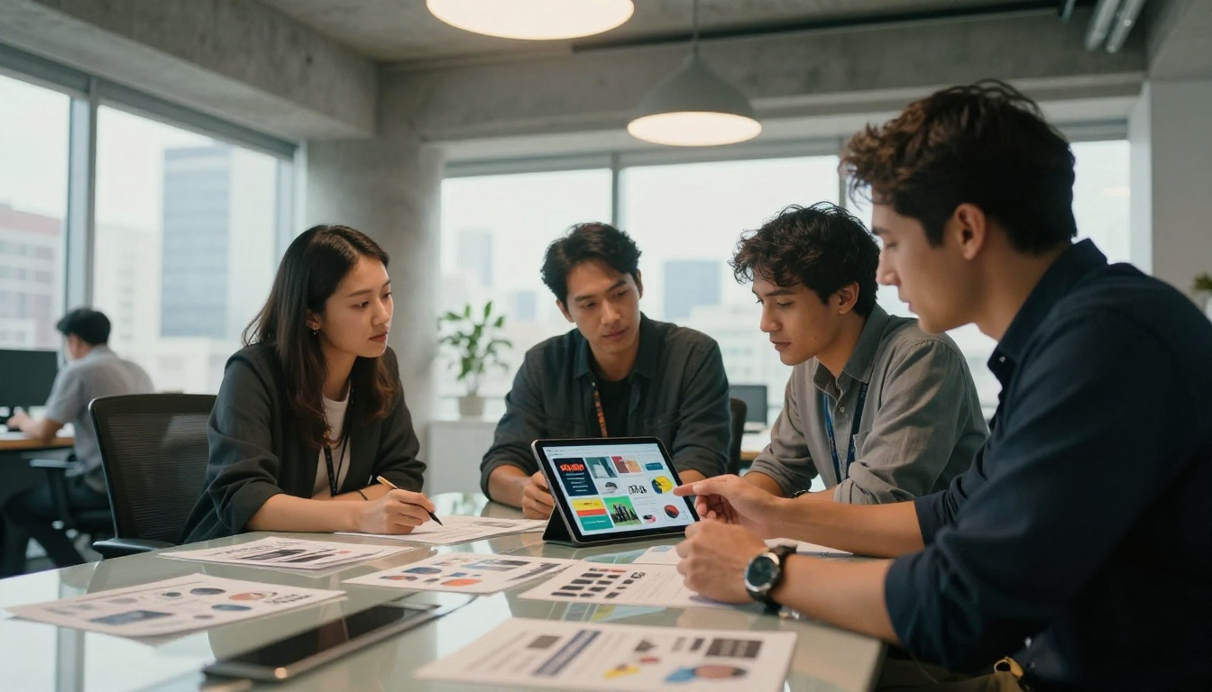 Professional marketing team reviewing digital catalog on tablet at glass conference table in modern office