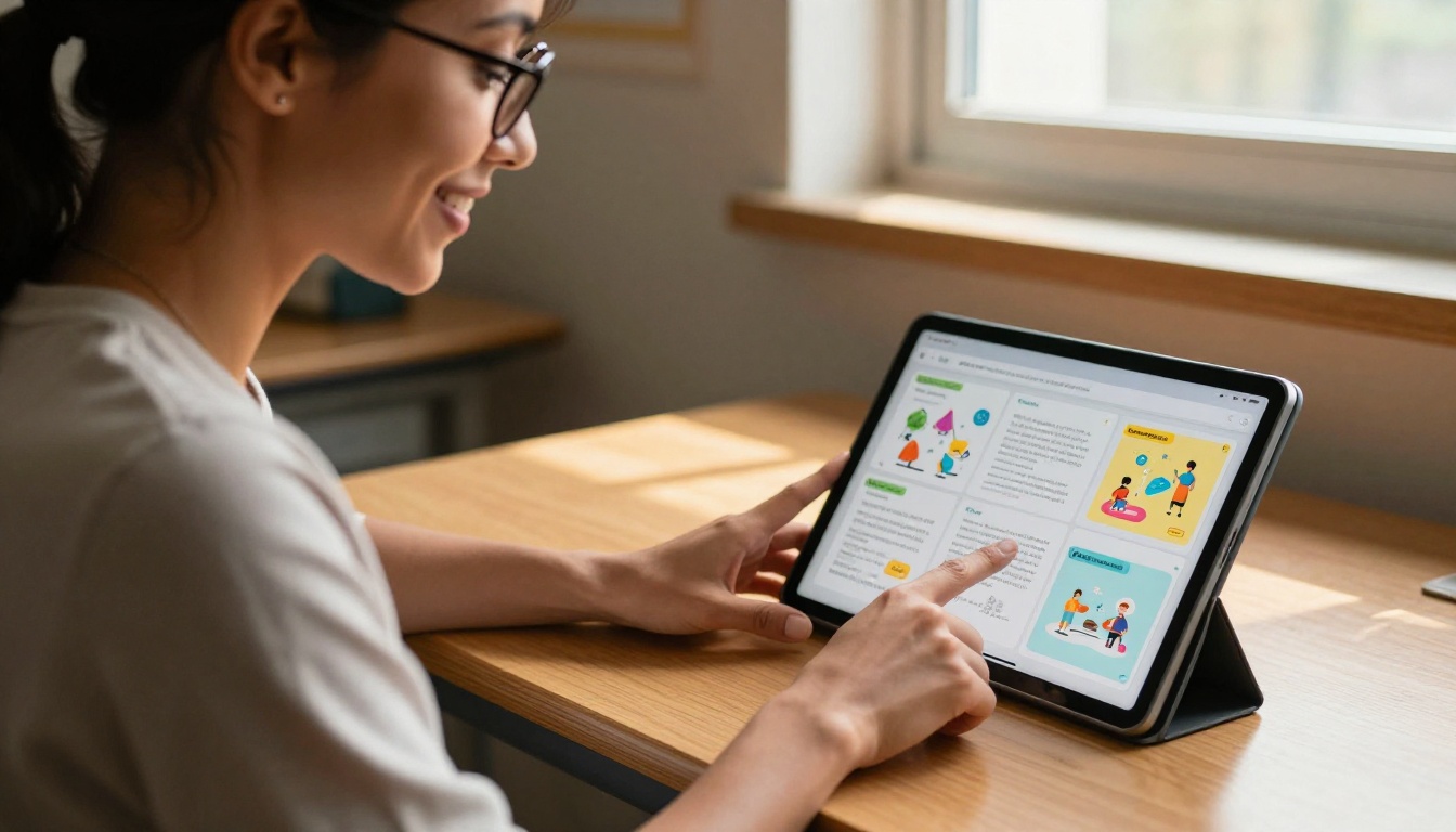Female teacher with glasses pointing at tablet showing colorful course materials at wooden school desk