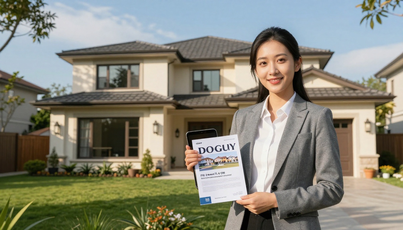 Real estate agent in grey blazer holding property brochure and tablet in front of modern house with lush garden