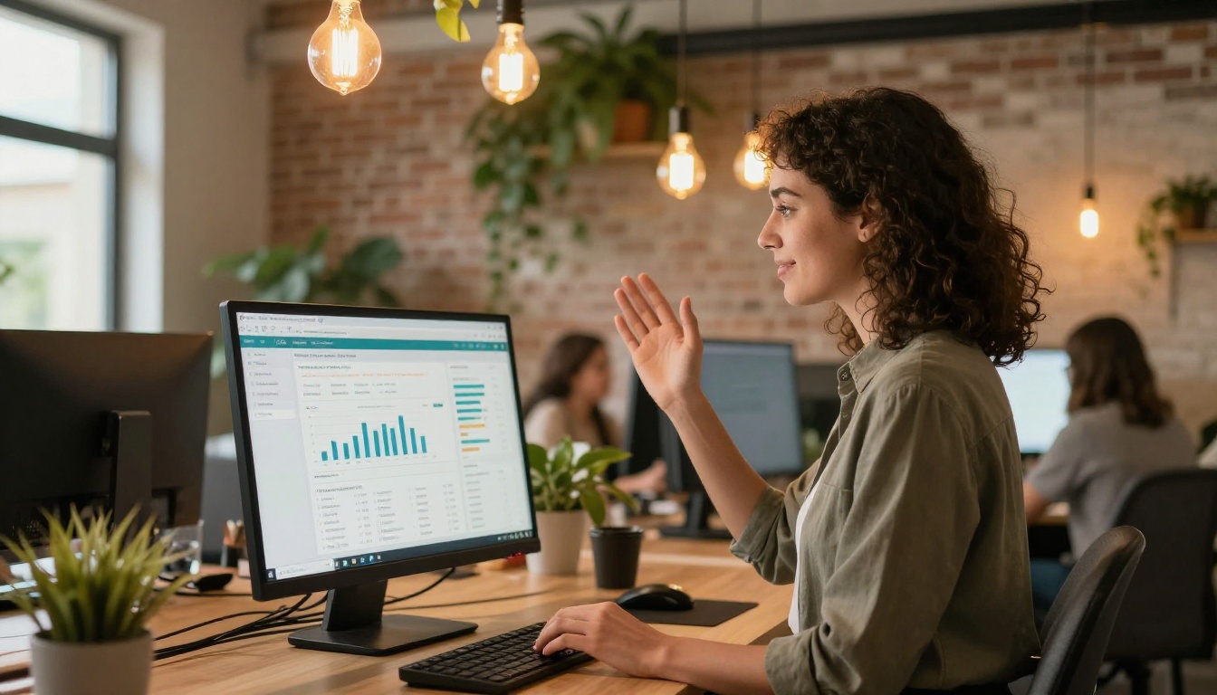 Young professional woman at standing desk in coworking space smiling at published flipbook analytics on monitor