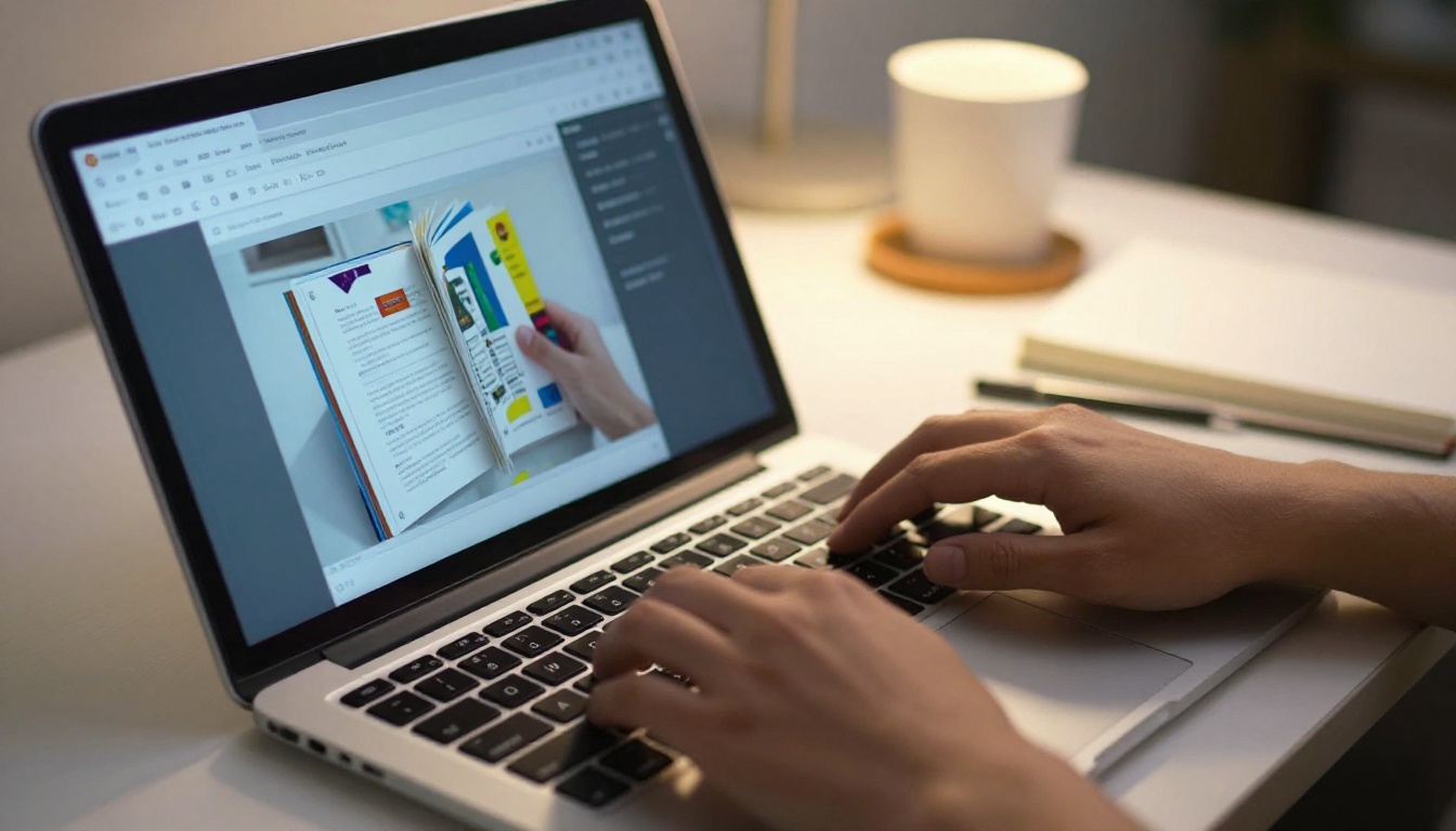 Hands uploading a Canva PDF to a flipbook converter on a MacBook, warm desk light, photorealistic Hands uploading a Canva PDF to a flipbook converter on a MacBook, warm desk light, photorealistic