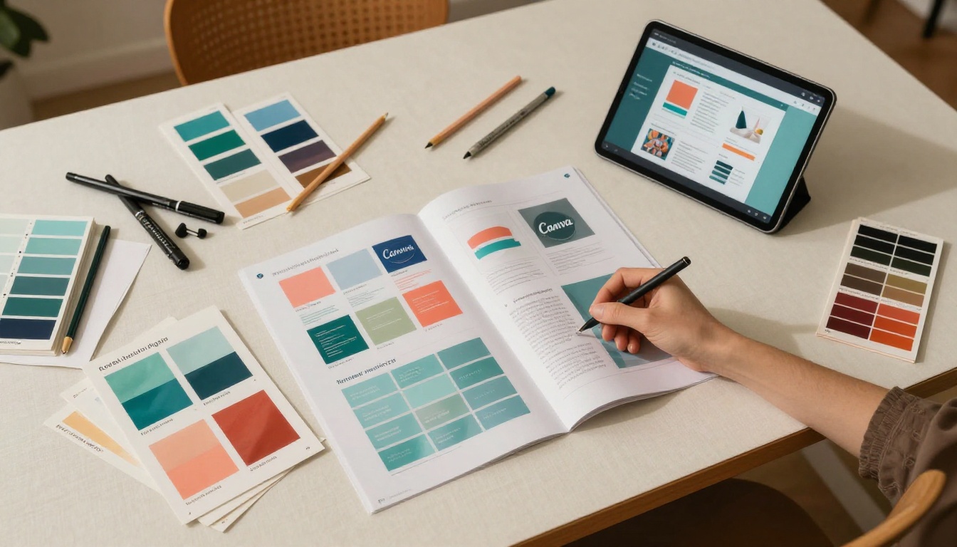 Aerial overhead flat-lay of a designer workspace with Canva print-outs, color swatches, and a tablet showing a digital flipbook Aerial overhead flat-lay of a designer workspace with Canva print-outs, color swatches, and a tablet showing a digital flipbook