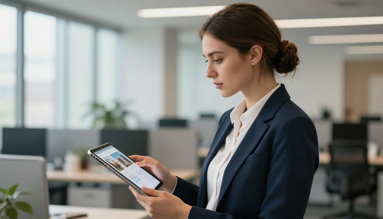 Professional woman in navy blazer reviewing a digital catalog on an iPad near large office windows, 85mm portrait lens bokeh Professional woman in navy blazer reviewing a digital catalog on an iPad near large office windows, 85mm portrait lens bokeh
