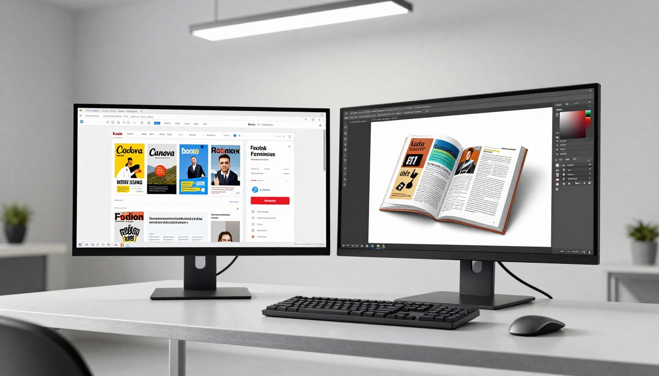 Dual monitor setup in a creative studio showing Canva design on left screen and matching flipbook output on right screen Dual monitor setup in a creative studio showing Canva design on left screen and matching flipbook output on right screen