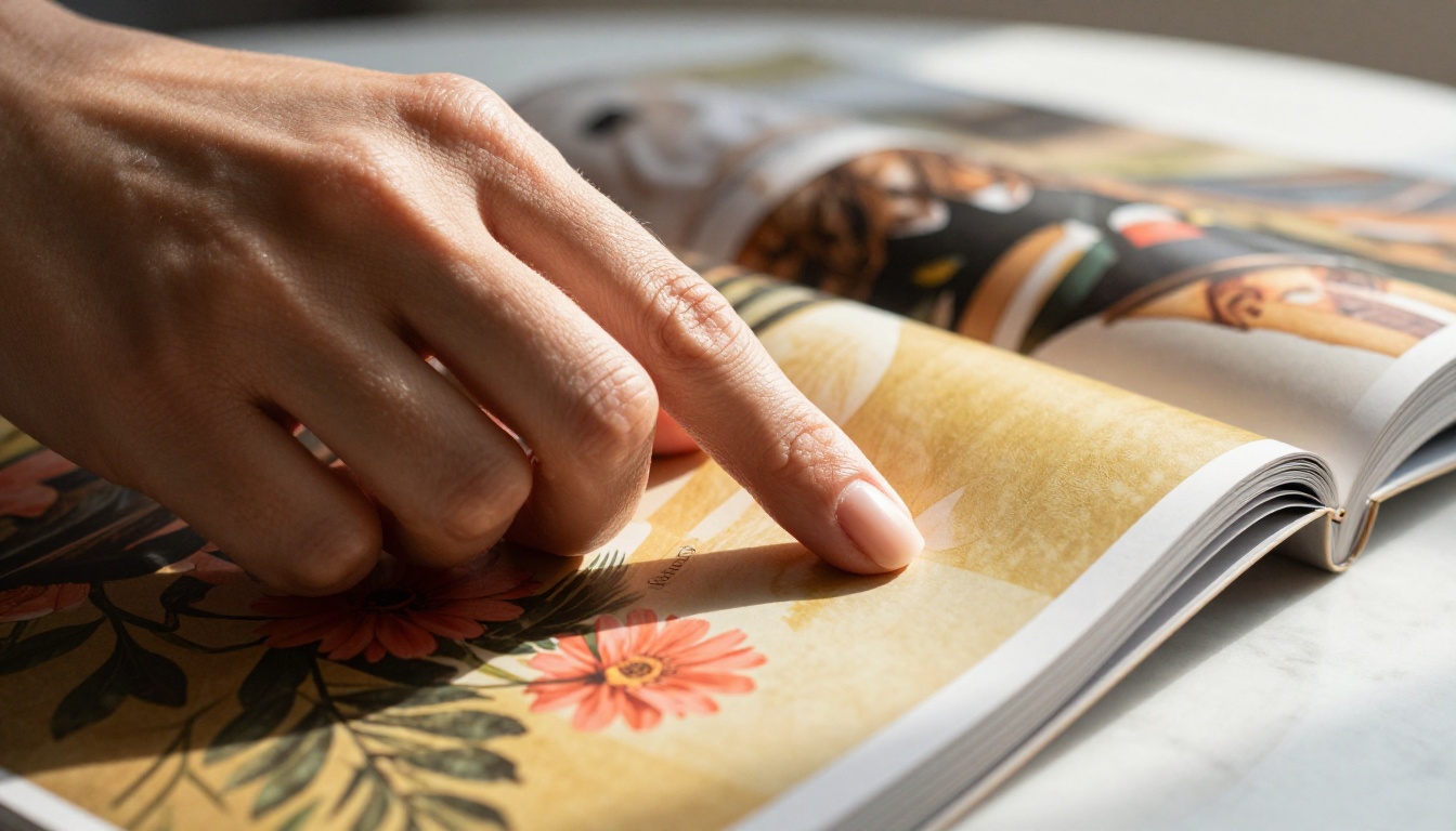 Hands turning a premium design magazine page mid-curl, warm afternoon light raking across from the right