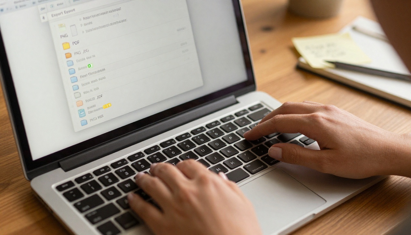 Close-up of hands over a MacBook showing a Canva export dialog with PDF format options visible Close-up of hands over a MacBook showing a Canva export dialog with PDF format options visible