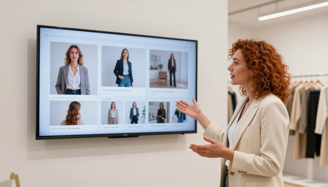 Small business owner with curly auburn hair presenting a fashion lookbook on a large TV screen in a minimalist showroom Small business owner with curly auburn hair presenting a fashion lookbook on a large TV screen in a minimalist showroom