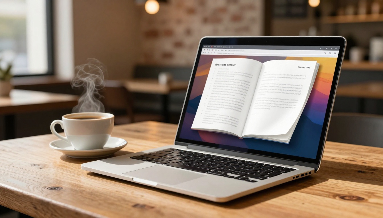 A silver laptop on a rustic cafe table showing a vibrant flipbook with a page mid-flip, morning golden light from the left