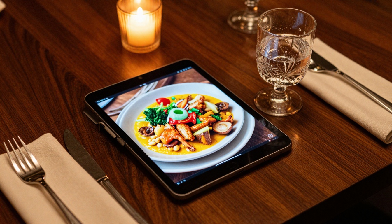 Aerial restaurant table setting with a tablet showing a vibrant digital menu flipbook, candlelight, dark walnut wood surface Aerial restaurant table setting with a tablet showing a vibrant digital menu flipbook, candlelight, dark walnut wood surface